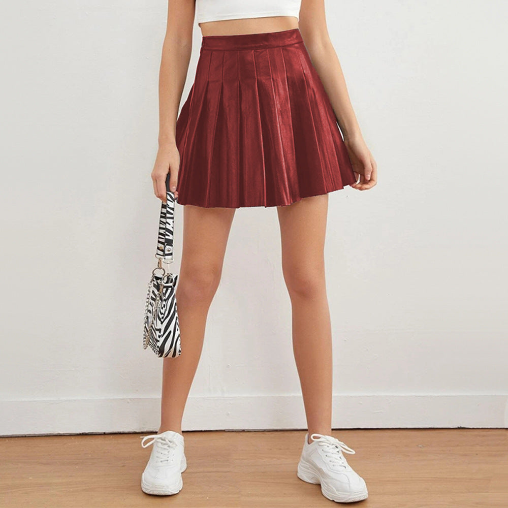 Ebay  best selling pu pleated skirt summer sexy skirt elegancehigh waist leather skirt fashion style cross-border