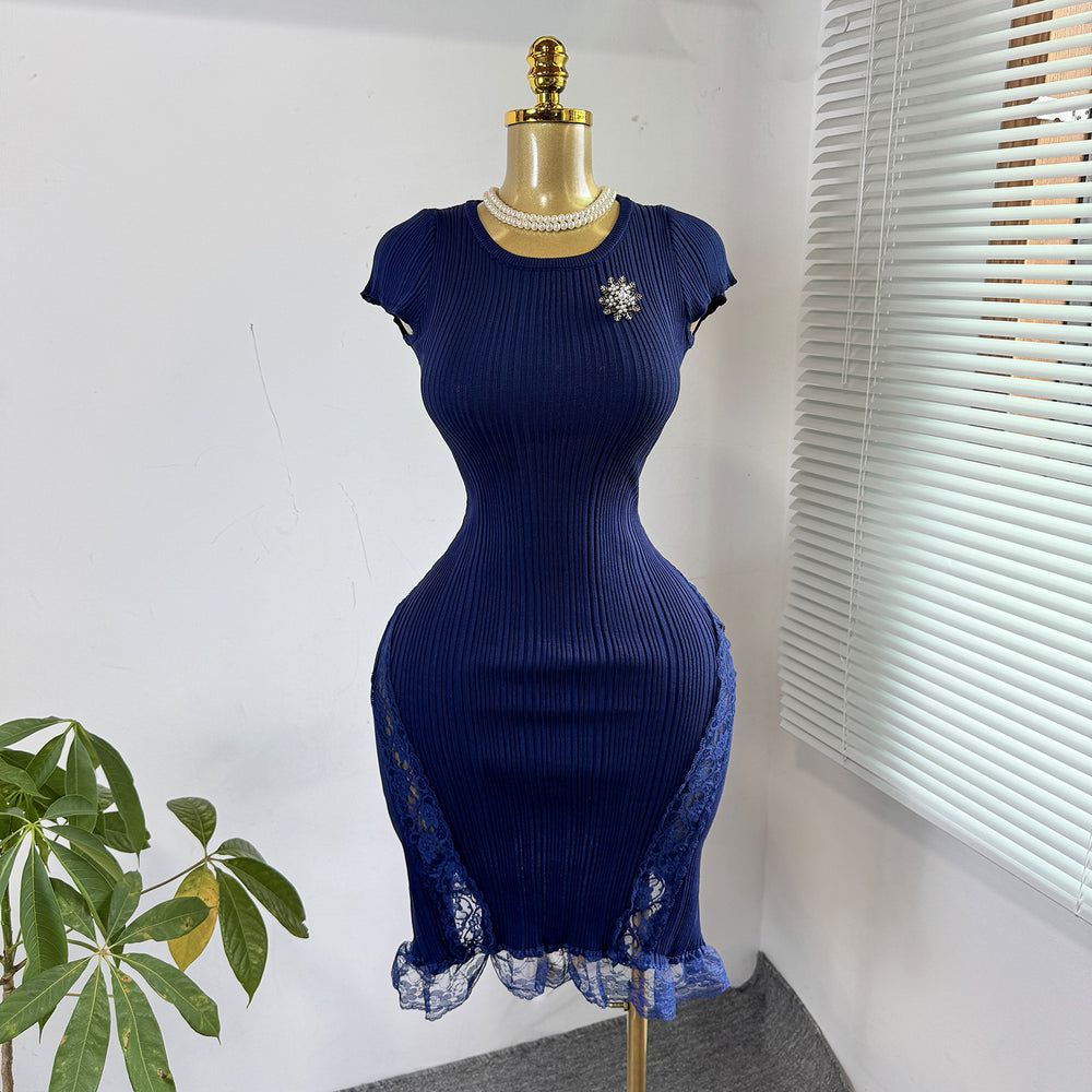 Xiaoxiangfengelegance round neck lacepatchworkshortknittingdress female silm waist slimming look short skirt dress