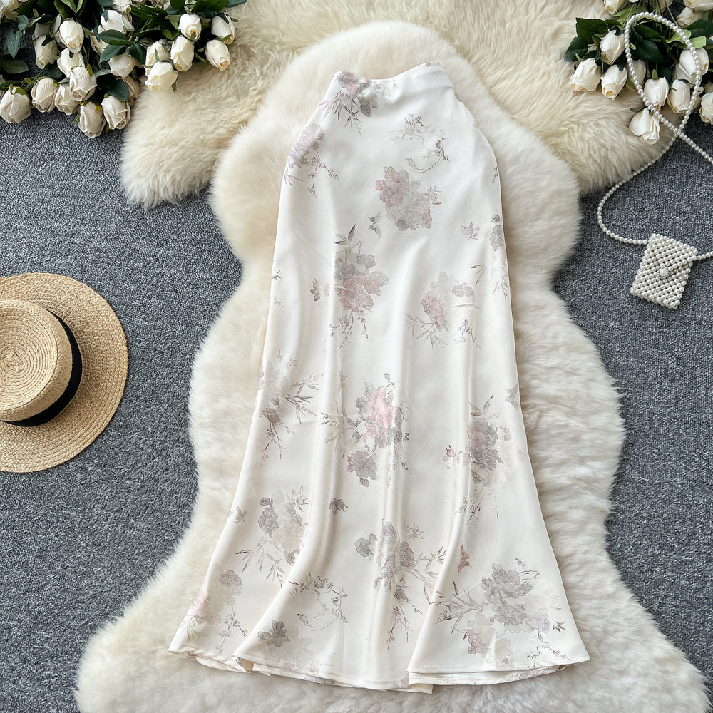 Lightly mature style classy sense hot stamping printing fishtail skirt for women 2025 summer high waistslimming look satin hip mid-length skirt
