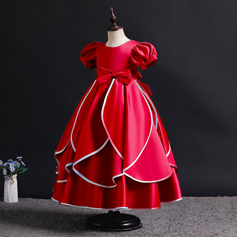 Export kids dress satin rainbow edge princess dress girl puff sleeve high-end birthday piano performance dress