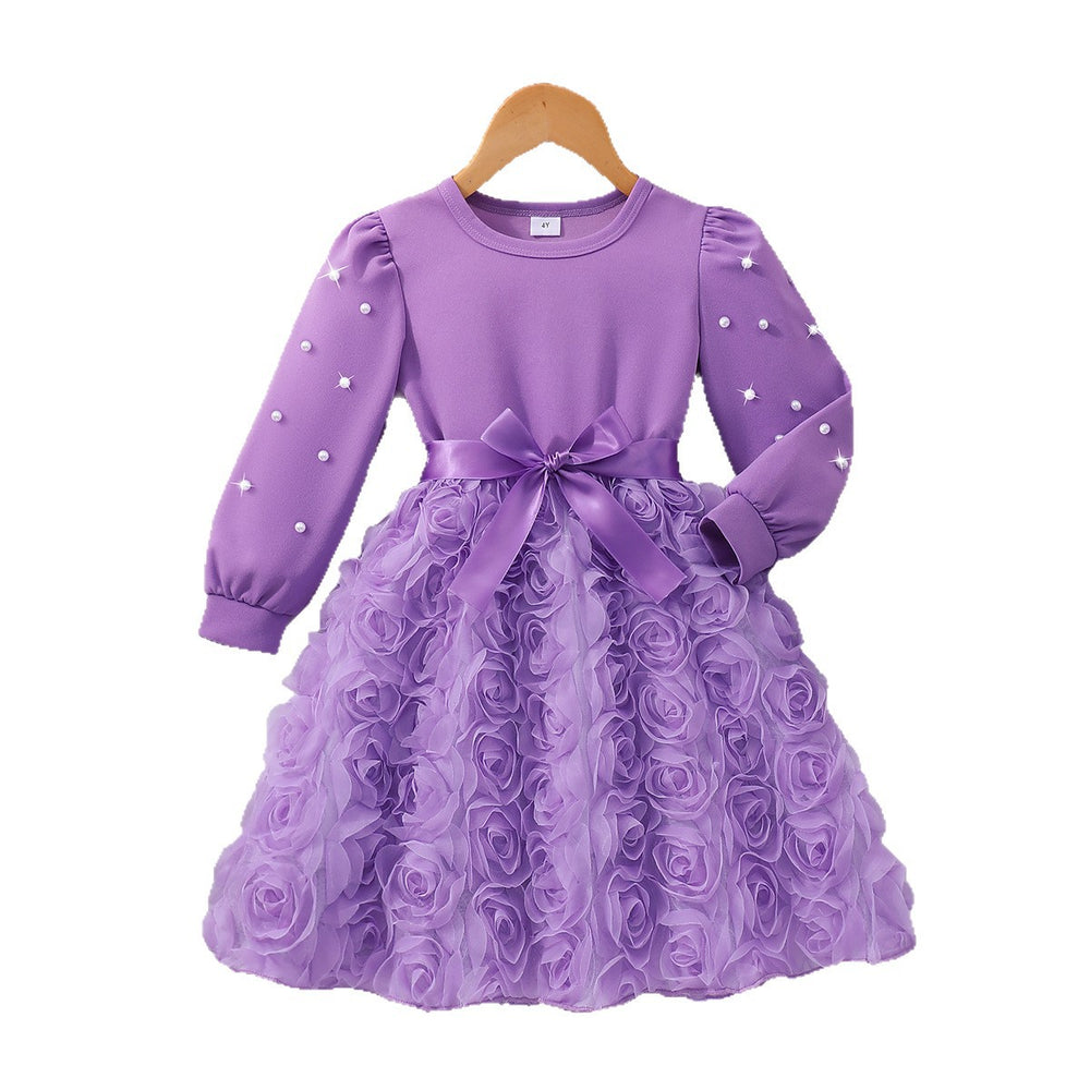 Girls' dress for toddlers and young children, solid color 3d floral pearl long sleeve dress