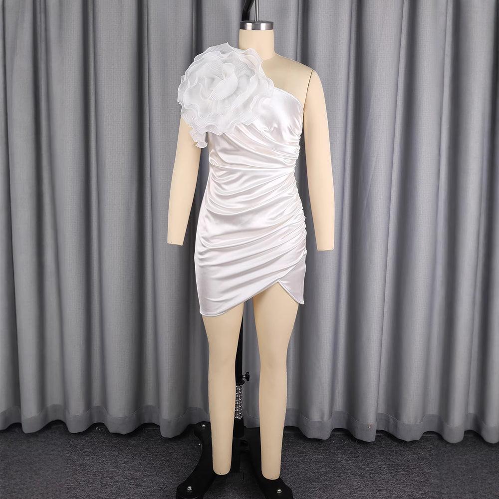 New arrivalsexy sloping shoulder whitedress classy satin stereo flower silm hip skirtsexy dress