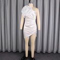 New arrivalsexy sloping shoulder whitedress classy satin stereo flower silm hip skirtsexy dress