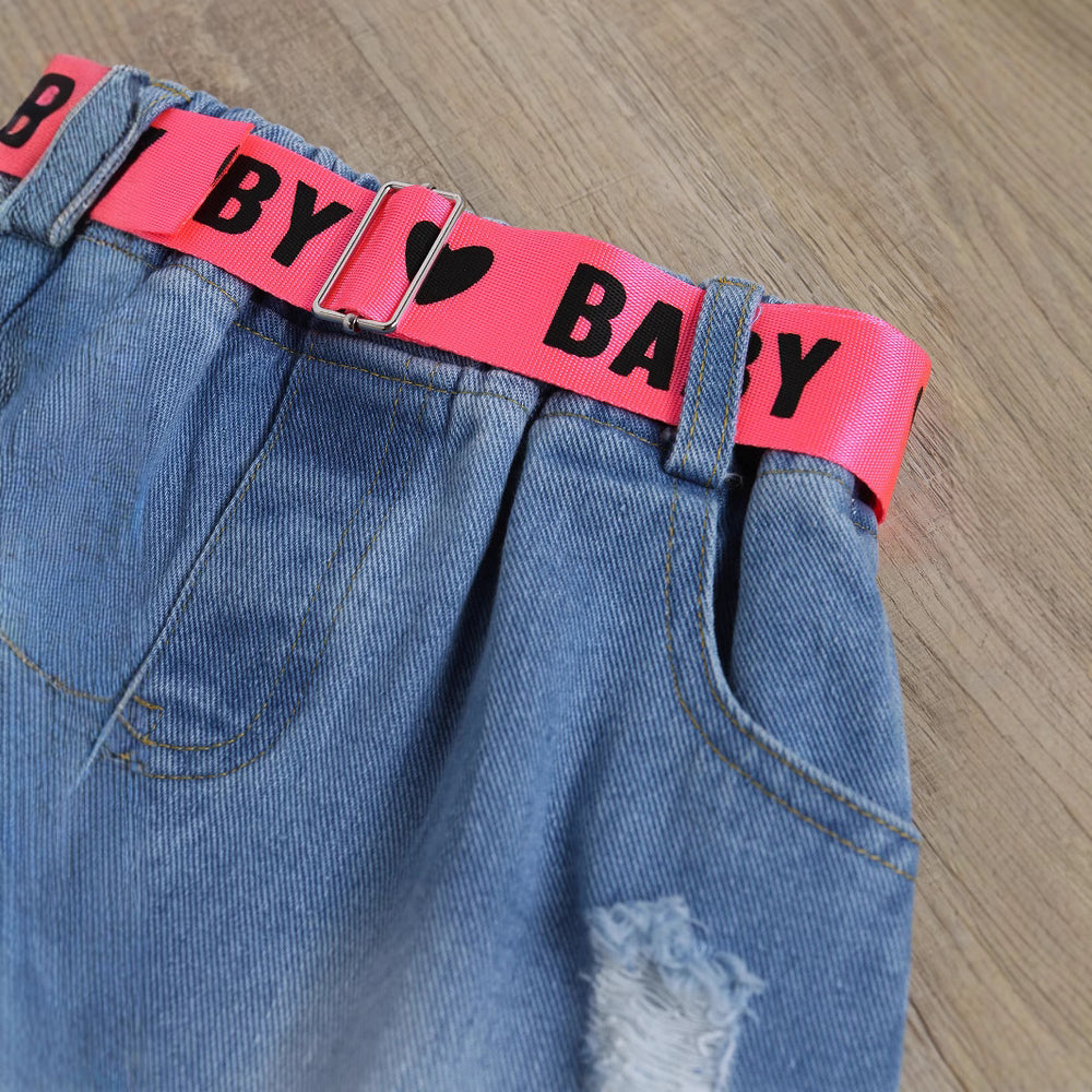 children's clothing new arrivalpure cottonknitting pit vest washed hole denim skirt girl kidssuit cross-border belt