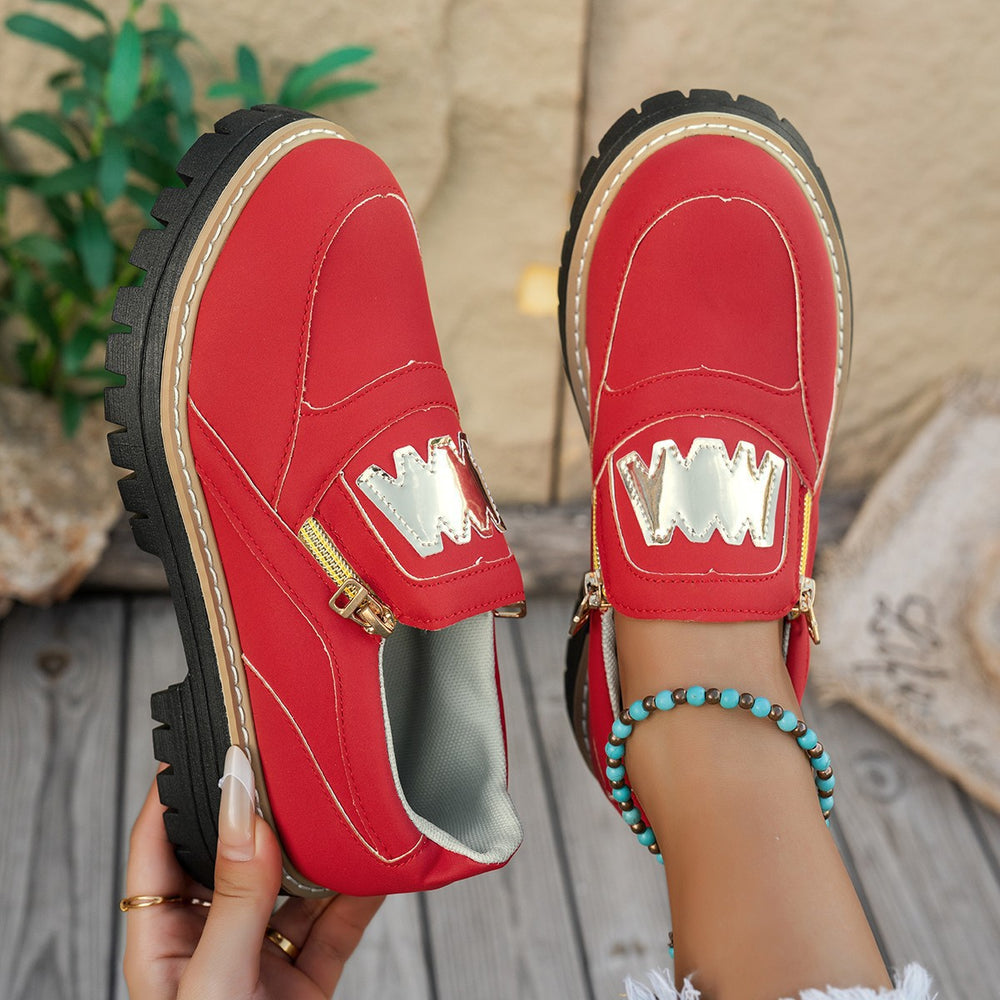 New arrival: women's chunky low-top loafers with side zipper – plus size, british style, slip-on flats – perfect for cross-border e-commerce,  supplier