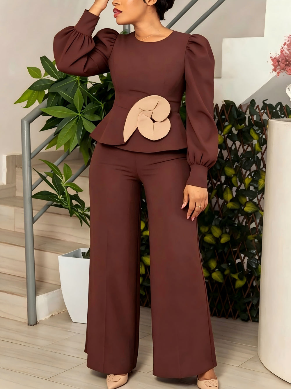Autumnew arrival brown lantern sleeve jumpsuit lotus leaf hem stereo flower straight-leg jumpsuit jumpsuits