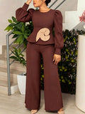 Autumnew arrival brown lantern sleeve jumpsuit lotus leaf hem stereo flower straight-leg jumpsuit jumpsuits