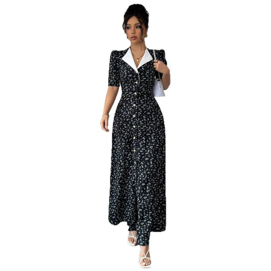 new european and american style fitted v-neck floral print elegant dress