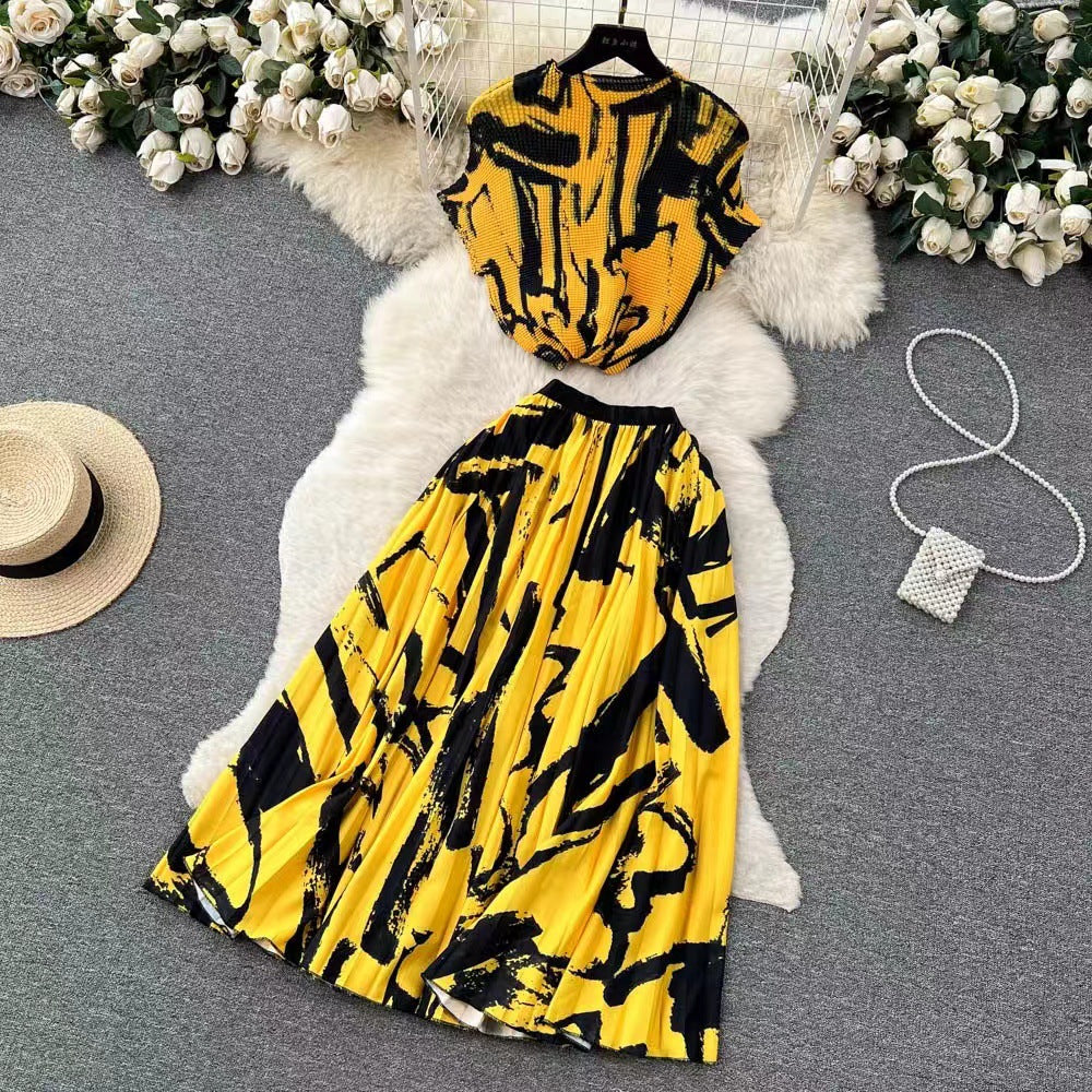 European and american cross-border fashion women's clothing  autumn new french-style design printed top and pleated skirt set with cinched waist