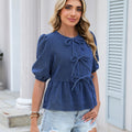 Fashion cross-border export denim tops round neck stereobows bubble short sleeves tie back waist shortshirt women