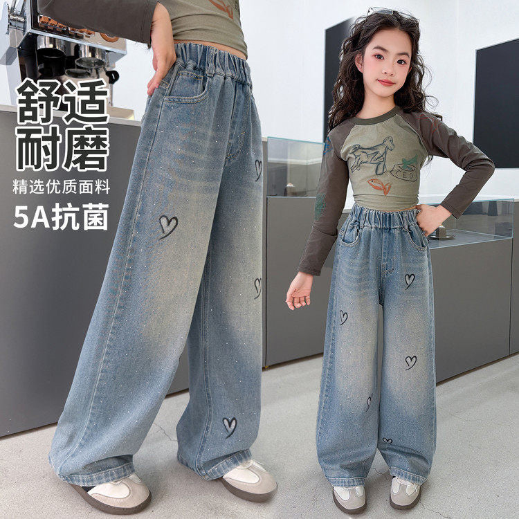 Girls' heart-shaped rhinestone embellished denim jeans,  spring collection, big & tall kids' loose fit straight leg high-waisted long pants, children's jeans
