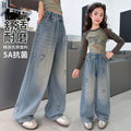 Girls' heart-shaped rhinestone embellished denim jeans,  spring collection, big & tall kids' loose fit straight leg high-waisted long pants, children's jeans