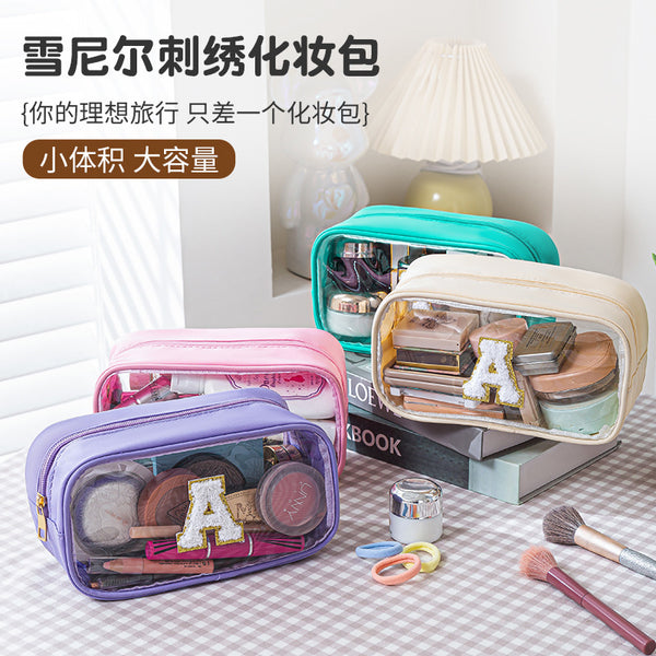 Cross-border explosive transparent pvc cosmetic storage bag waterproof large capacity high value embroidered A letter cosmetic bag