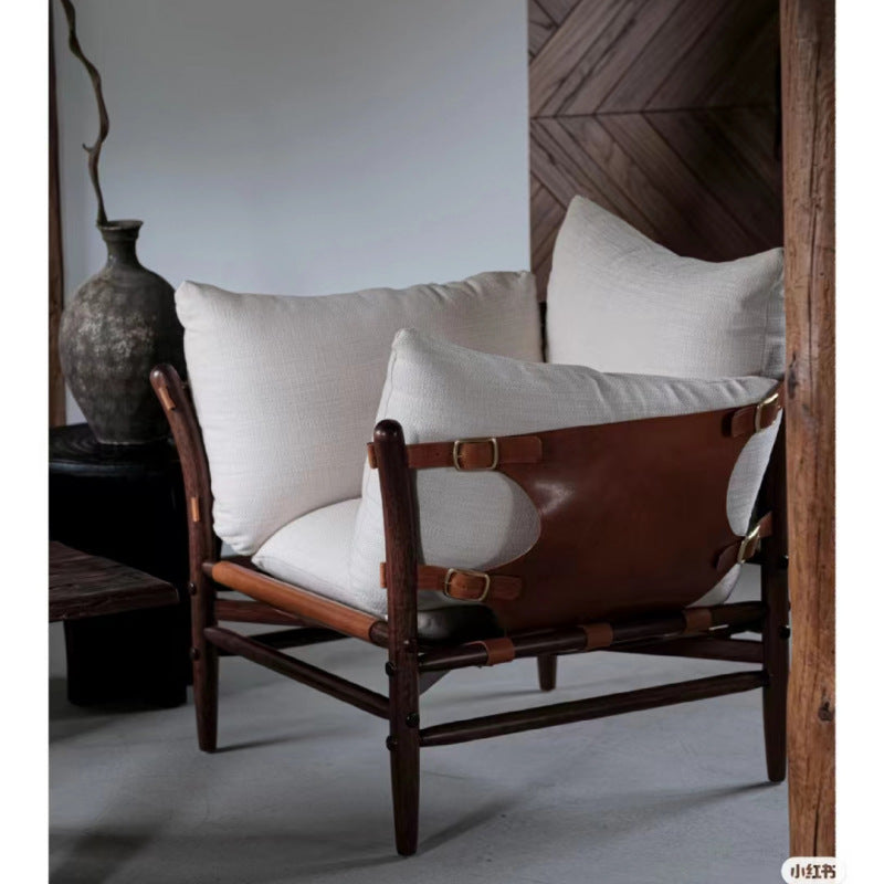 Leather upholstered designer solid wood b&b living room saddle leather chair wabi-sabi style sofa frameless b&b commercial
