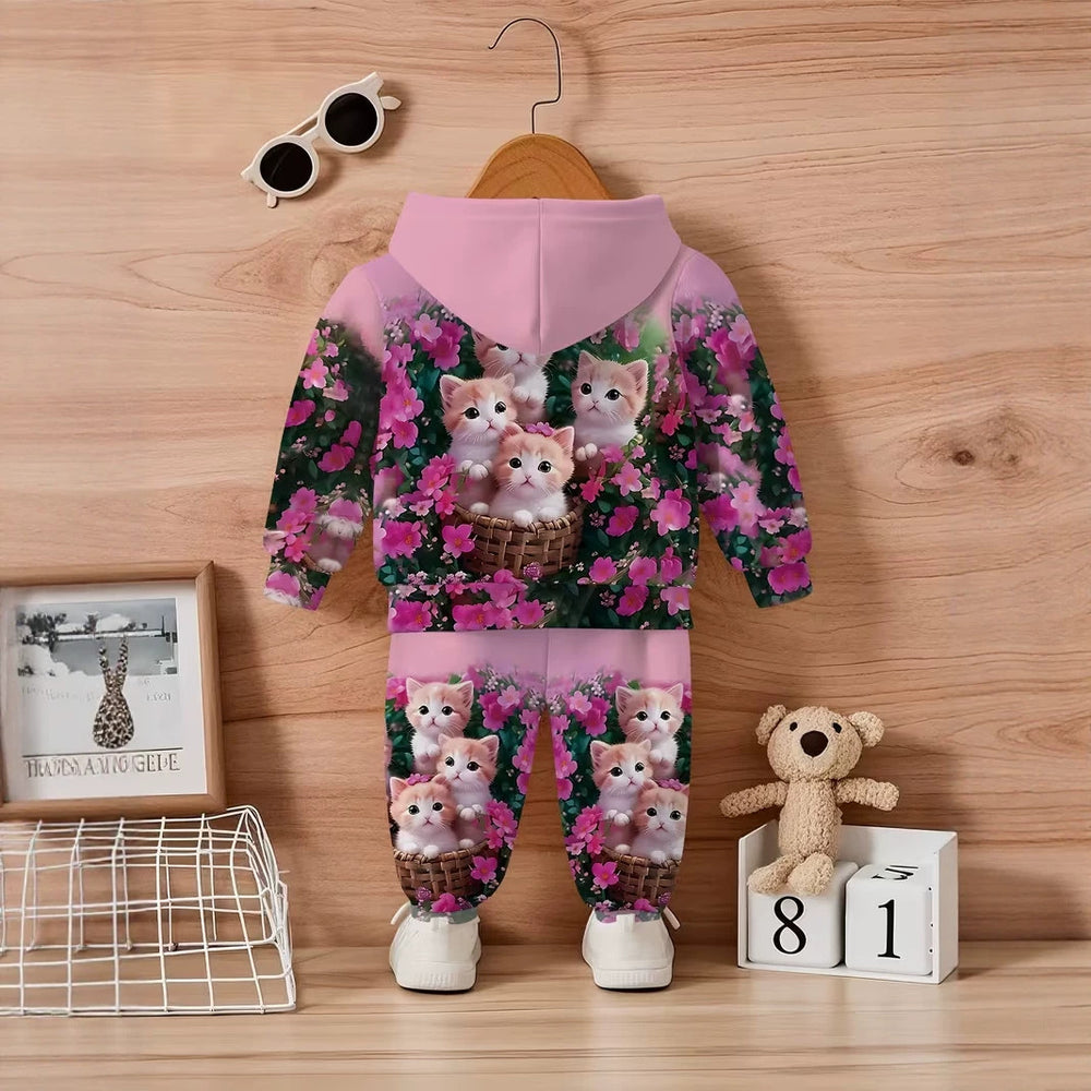 Kids' hoodie set, cross-border hot-selling cartoon animal print girls' fashion hooded sweatshirt and sweatpants set