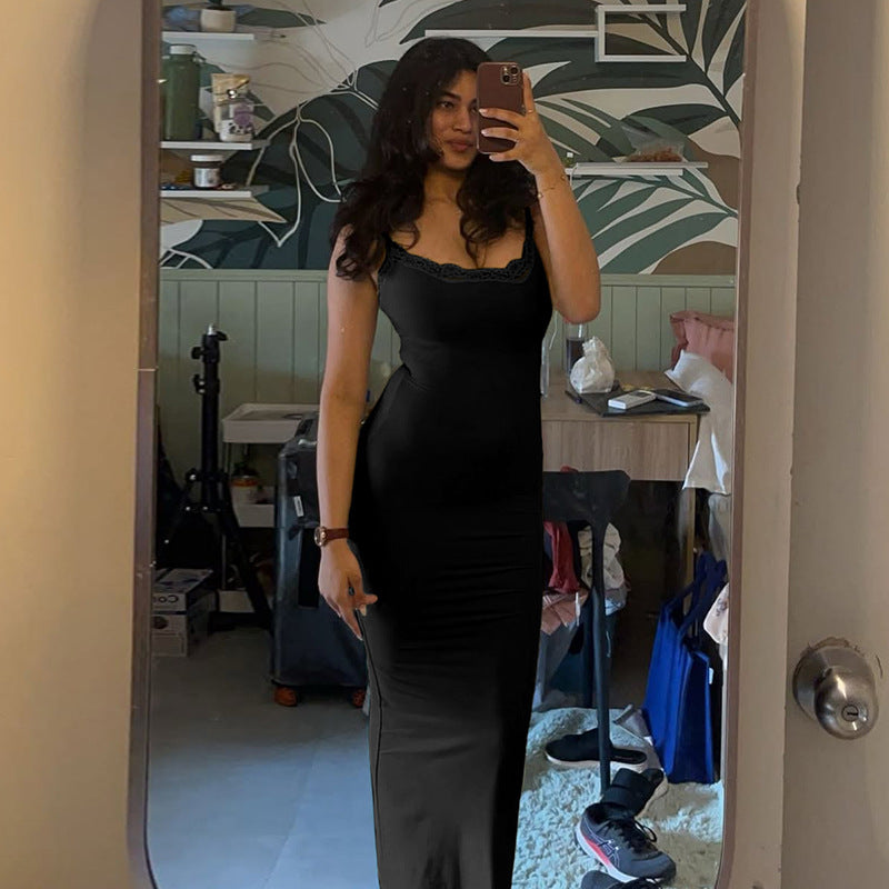 sexy European and American style women's clothing solid color lace splicing casual long dress square neck square neck suspender dress summer