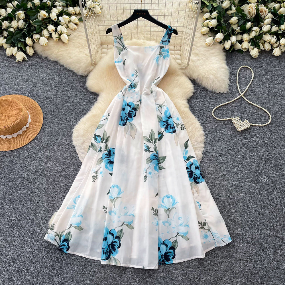 French riviera style printed cami dress - women's summer soft & chic white a-line dress - slim fit, figure-flattering, elegant maxi dress