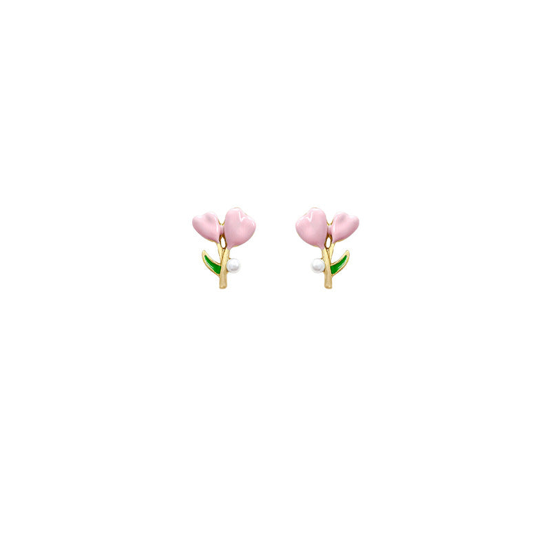 Tulip flower pearl stud earrings - trendy, versatile, chic, and dainty. sterling silver needle wholesale earrings - accessible luxury