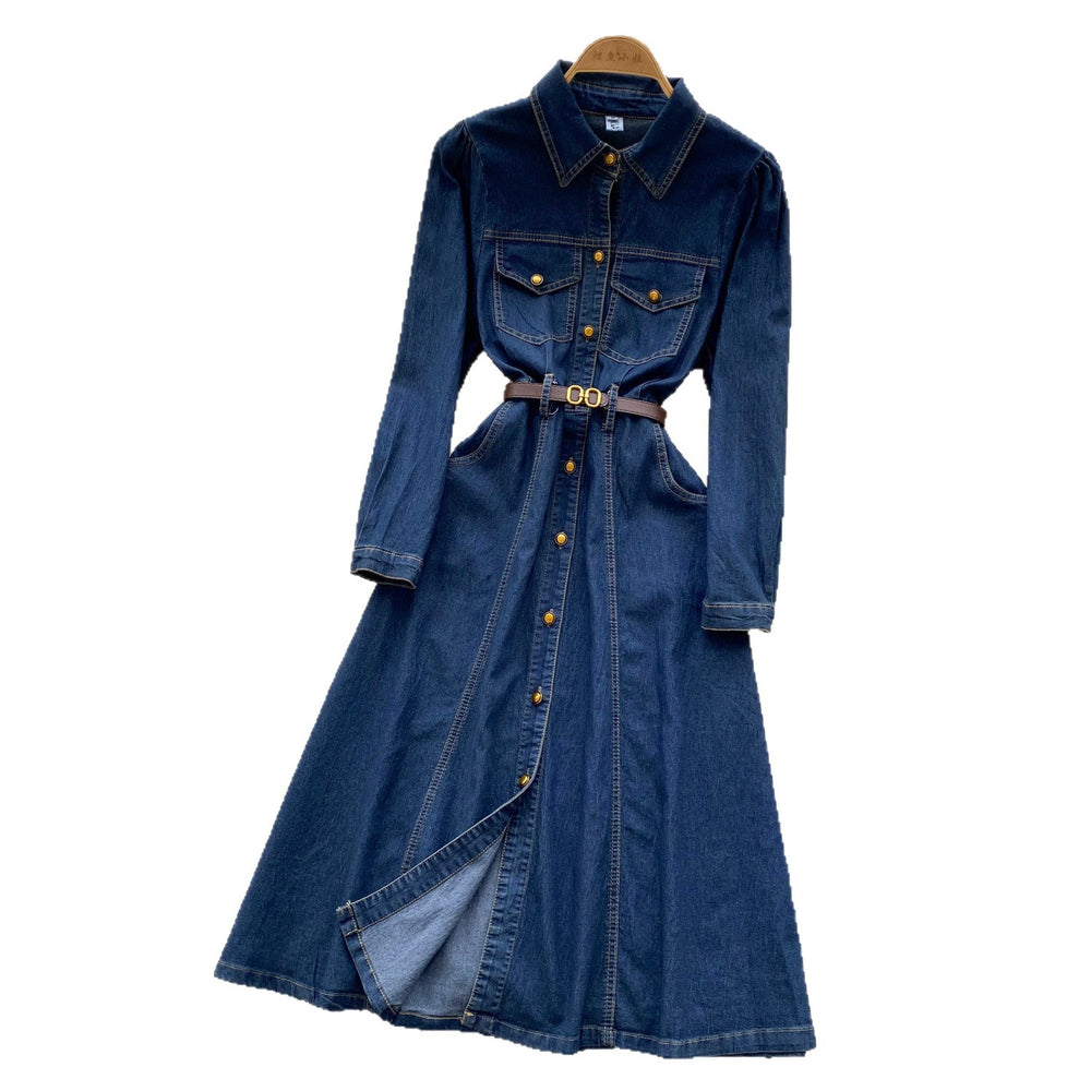 European and american retro style polo collar denim dress - women's winter belted slimming single-breasted design elegant maxi dress