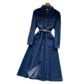 European and american retro style polo collar denim dress - women's winter belted slimming single-breasted design elegant maxi dress