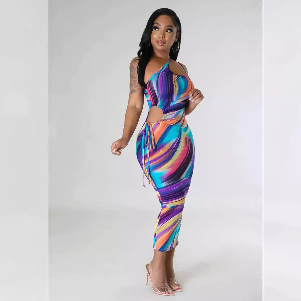 european and american cross-border  summer printed sleeveless cutout backless halter sundress