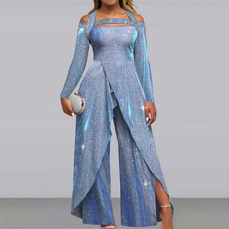 new arrival: cross-border fashionable & sexy sequin maxi dress jumpsuit - european & american style, asymmetrical front, mid-waist, chic & professional