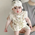 Summer lightweight lace romper baby bodysuit - sleeveless floral print lace outfit for baby girls