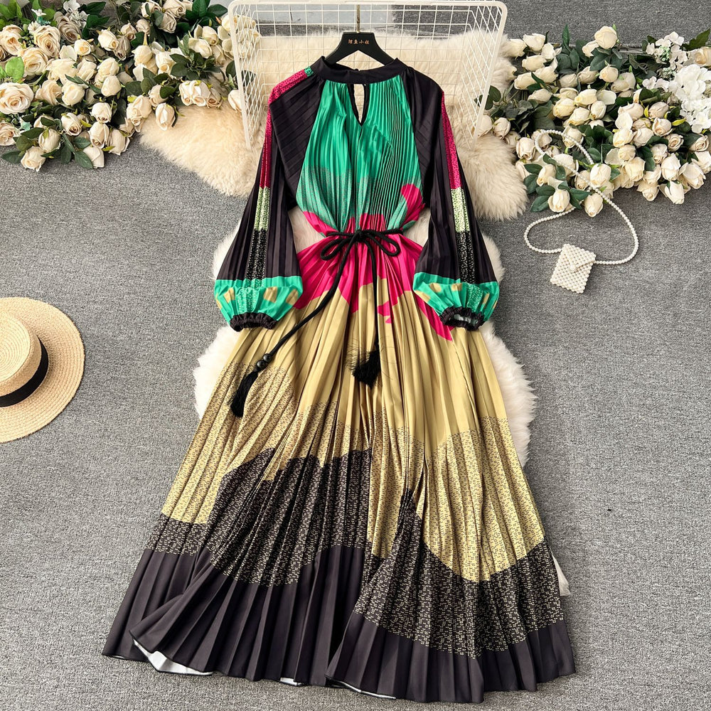 European and american retro court style design printed long dress with heavy pleating, puff sleeves, and pleated skirt - spring collection for women