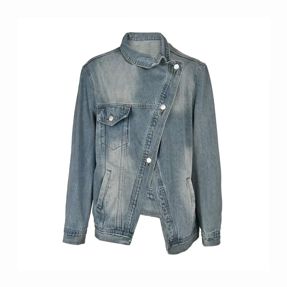 Fashion cross-border  asymmetrical washed denim outwearlooseniche stylesense of designshort lapeltops for women