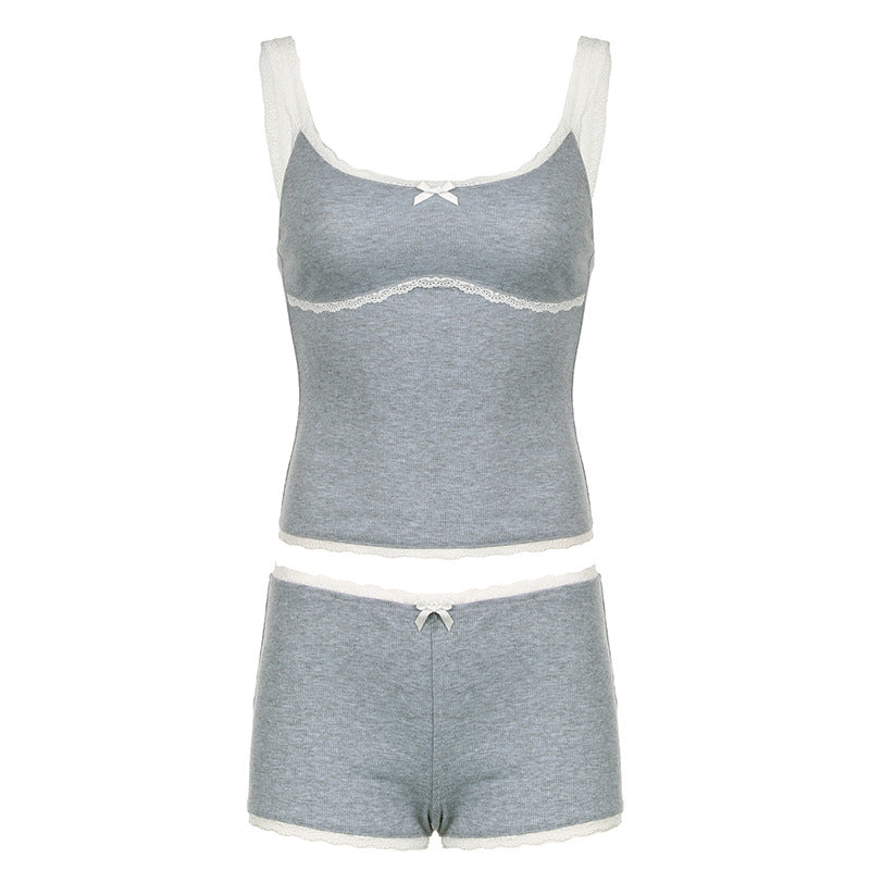 2024  Women's Lace Contrast Color Suspender Vest Shorts Set Threaded Comfortable Casual Two-piece Set