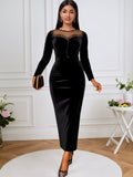 French round neck see-through velvet dress - sexy mesh panel long sleeve bodycon mini dress for evening events