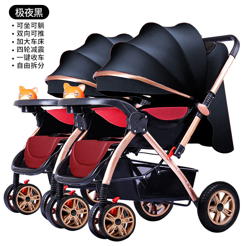 Twin stroller - lightweight, high-view, portable, convertible (sitting/reclining), detachable, double baby stroller, foldable, universal fit