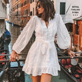 2025 autumn new arrivals: european and american style women's dress - v-neck, long sleeve, sweet color palette, tie-waist, ruffle hem mini dress