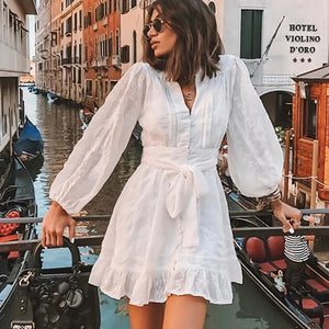 2025 autumn new arrivals: european and american style women's dress - v-neck, long sleeve, sweet color palette, tie-waist, ruffle hem mini dress