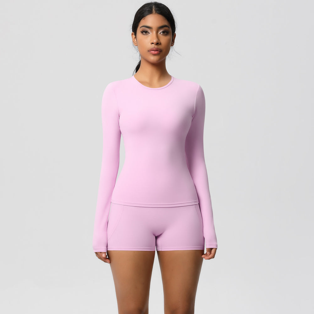 European and american solid color slim-fit long sleeve t-shirt yoga outfit set - high-waisted, barely-there feel, quick-dry activewear two-piece set for running and fitness