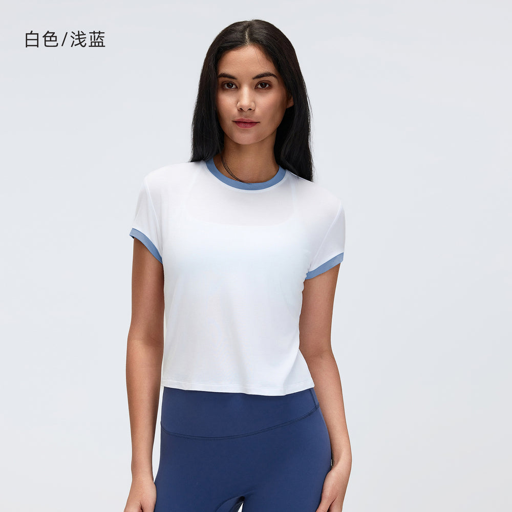 Color block shoulder cropped activewear tee - women's summer solid color crew neck sports yoga top d26053