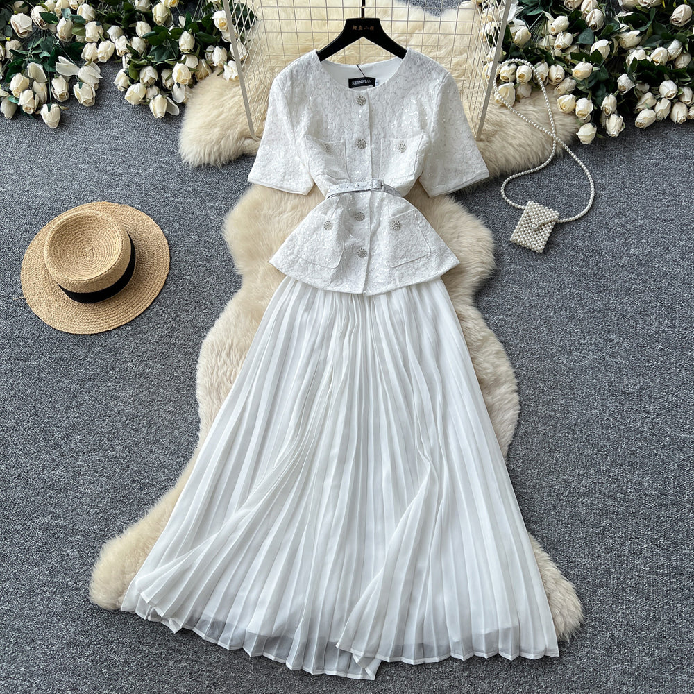 Xiaoxiangfengsequin short-sleeved sequinpleated dress women's summerclassy waist slimming lookpleated long skirtwork clothing