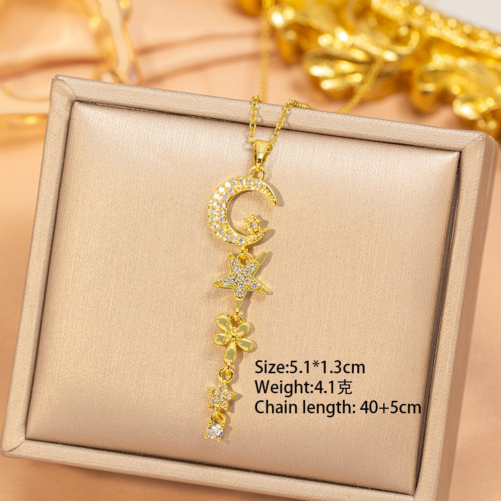[titanium steel] fashion popular copper micro-embedded long moon necklace for women stylishfashion high-end clavicle chain accessories