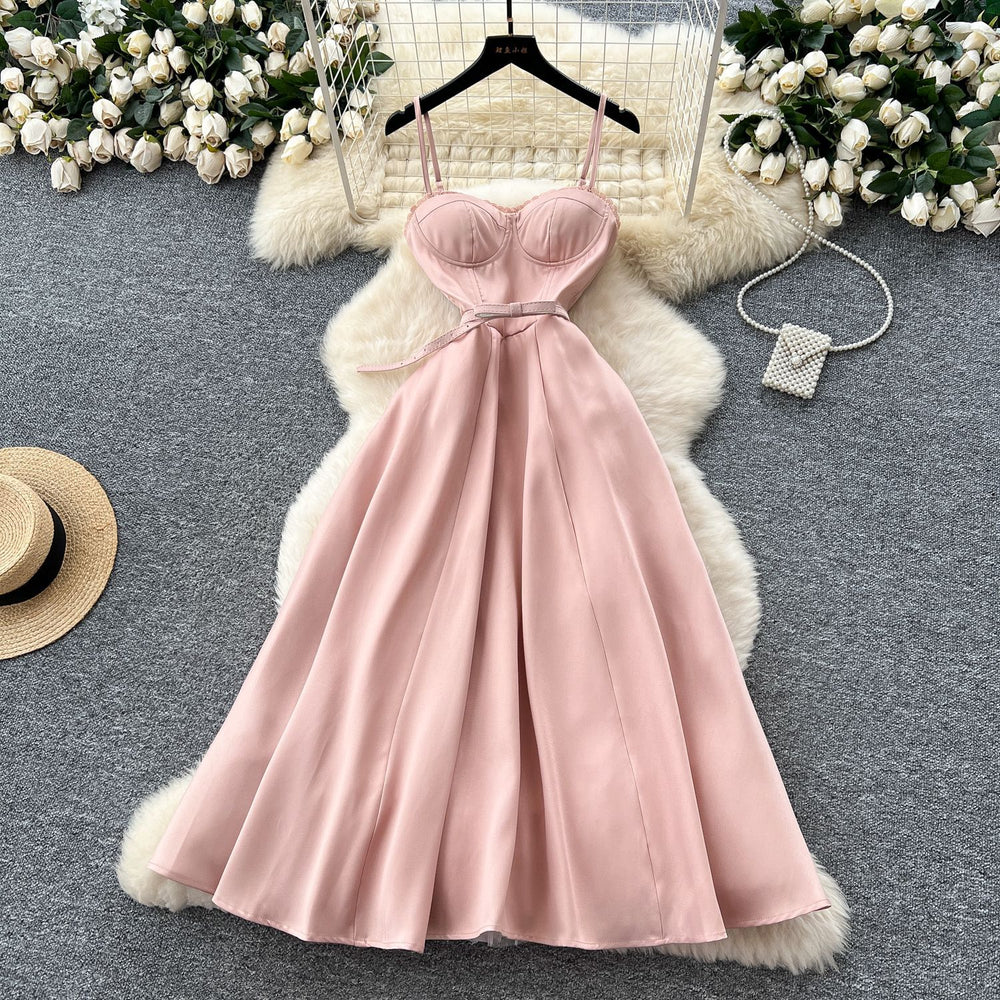 High-end elegance dress women's summer frenchaccessible luxury celebrity lace patchwork waist elegant suspender large swing dress