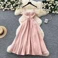 High-end elegance dress women's summer frenchaccessible luxury celebrity lace patchwork waist elegant suspender large swing dress
