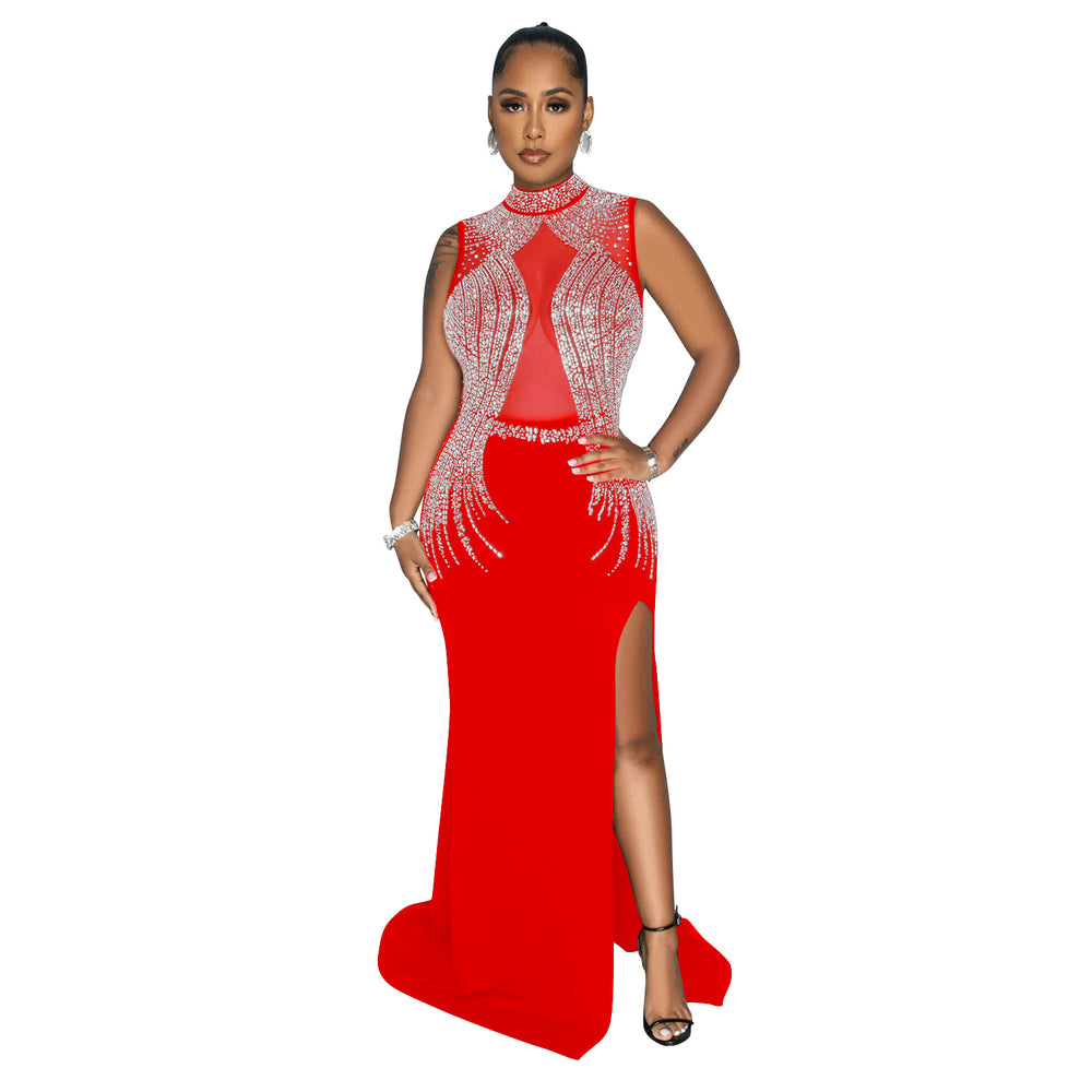 C6860 cross-border   fashion women's solid color mesh rhinestone slit maxi dress