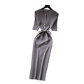 Korean style commute-ready knit dress - women's summer short sleeve single-breasted tie-waist slimming midi dress
