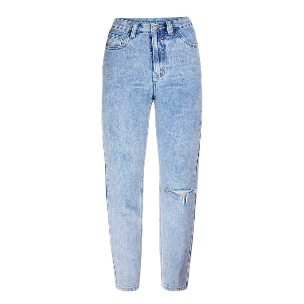 Amazon  jeans women's new arrival hot selling plaidcasual washed hole light color jeans