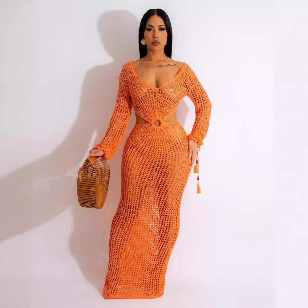 Amazon  european and american women's sexy hollow-out knitted dress summer deep v beach cover-up maxi dress