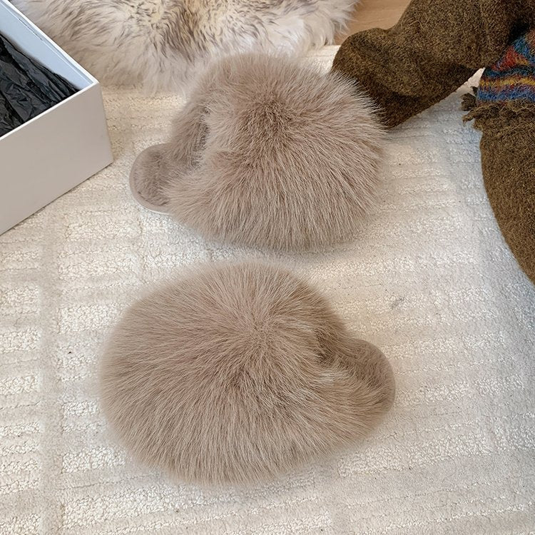plus sizepure color fluffy large fur slippers soft bottom winter toe-cap home heattech multi-color cotton slippers