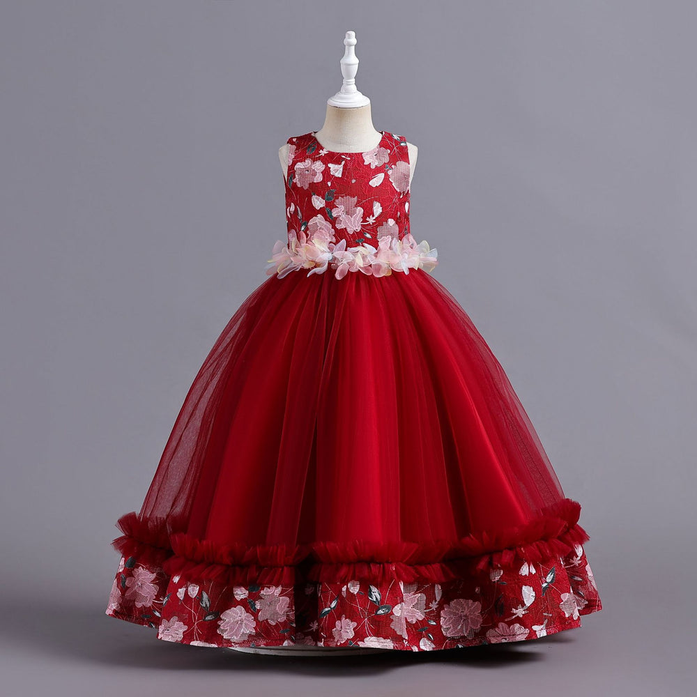 Ready-to-ship wholesale children's formal dresses, featuring a petal waistband and princess silhouette, perfect for little girls' birthdays, piano recitals, and performances