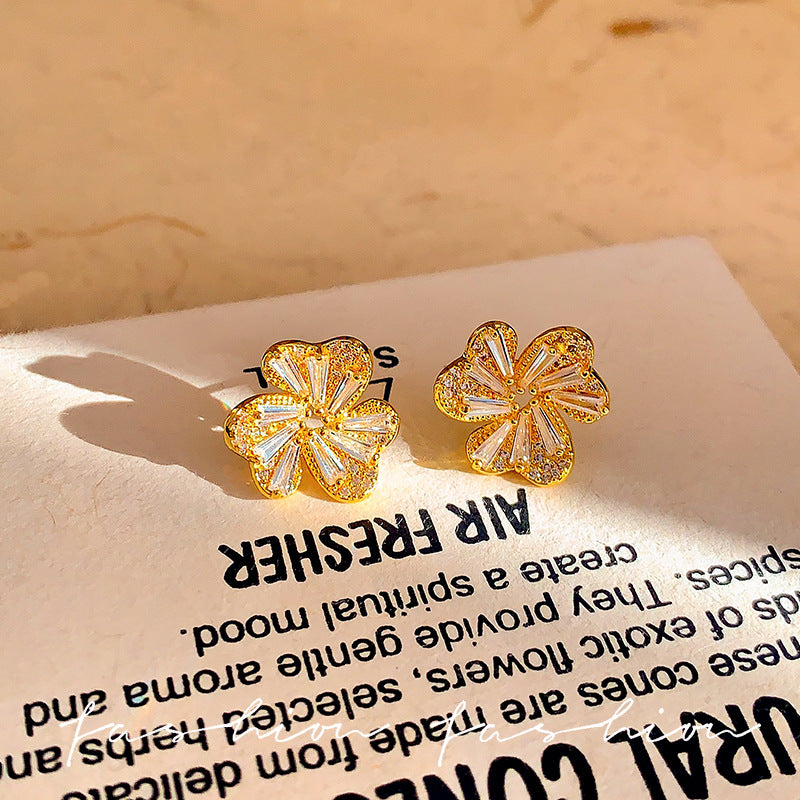 S925 sterling silver needle zircon clover flower earrings - women's luxury, high-end, unique, and elegant stud earrings