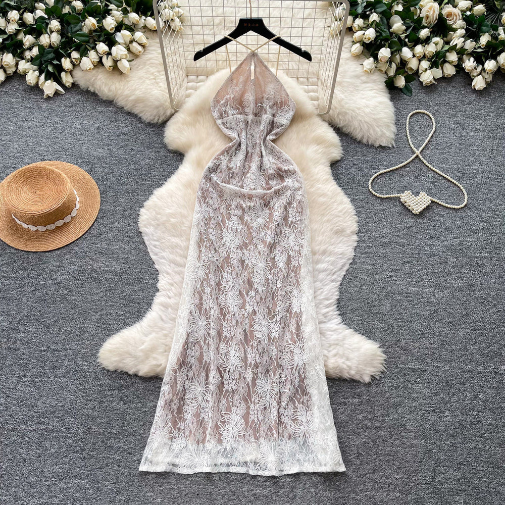 French chic halter neck sleeveless lace dress - women's summer high-waisted slimming versatile elegant maxi dress for work