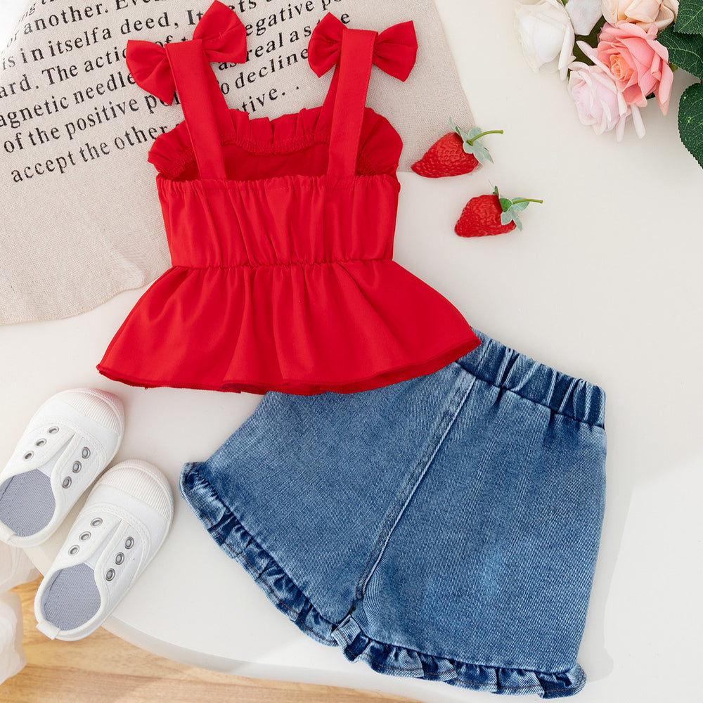 summer collection: girls' camisole top with bow detail and cinched waist design + washed denim shorts set