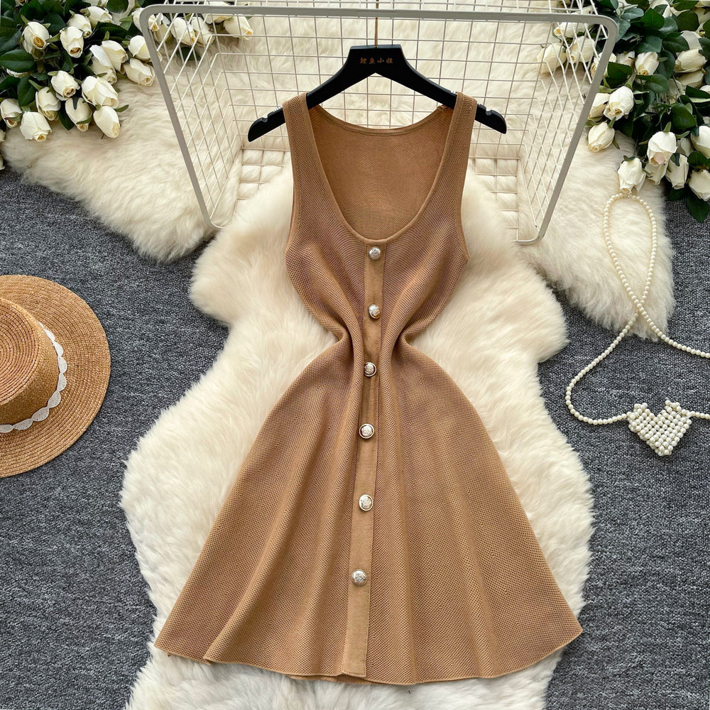 French chic sleeveless knit mini dress - summer a-line, slim fit, metallic buckle, purple, elegant